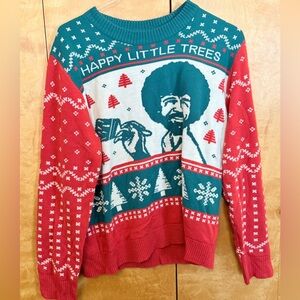 Bob Ross Ugly Sweater Happy Little Trees Red and Green